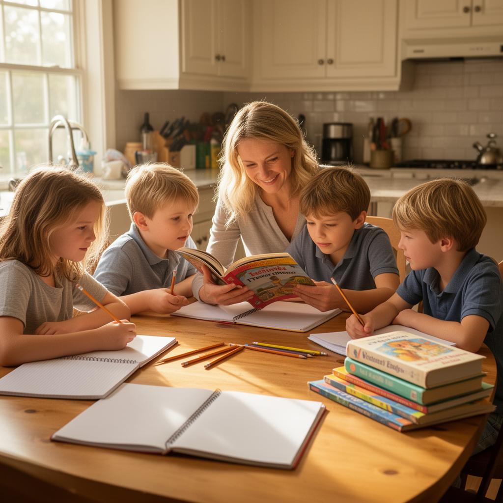Homeschool parent reading with children around a kitchen table